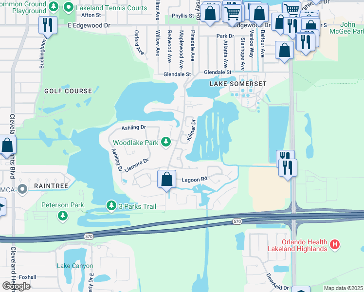 map of restaurants, bars, coffee shops, grocery stores, and more near 3412 Whitman Drive in Lakeland