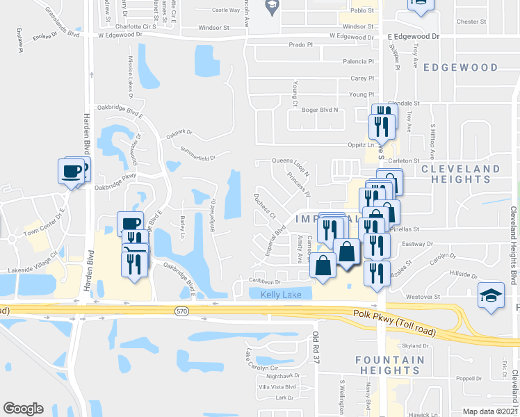 map of restaurants, bars, coffee shops, grocery stores, and more near 724 Barber Circle in Lakeland