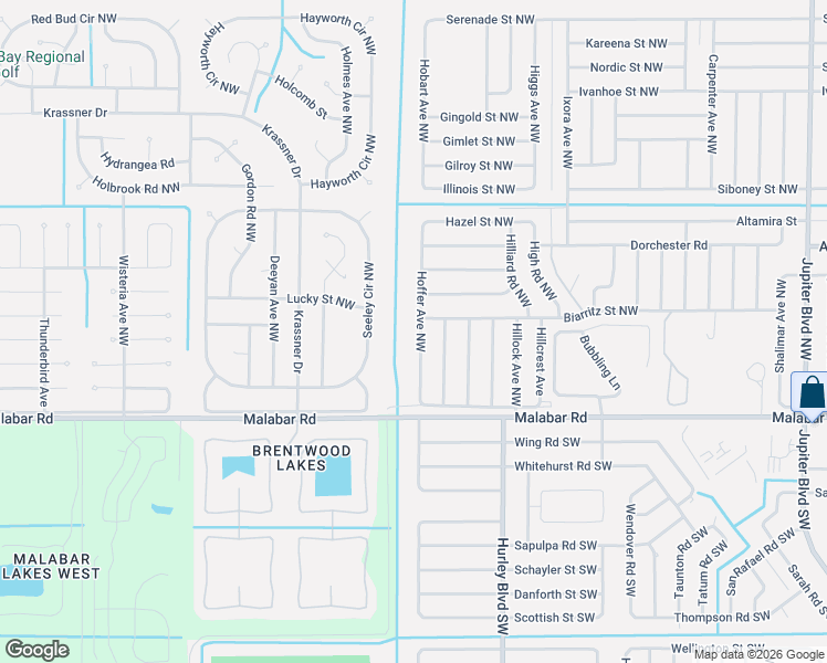 map of restaurants, bars, coffee shops, grocery stores, and more near 182 Hoffer Avenue Northwest in Palm Bay