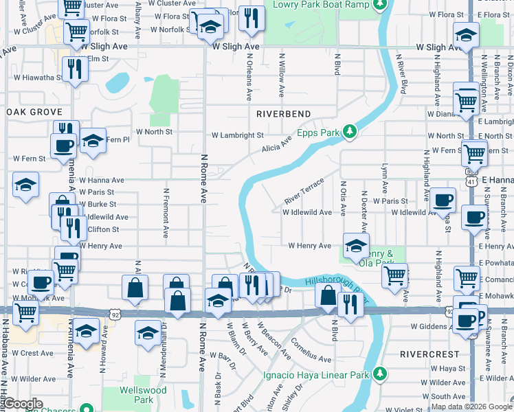 map of restaurants, bars, coffee shops, grocery stores, and more near 5924 River Terrace in Tampa