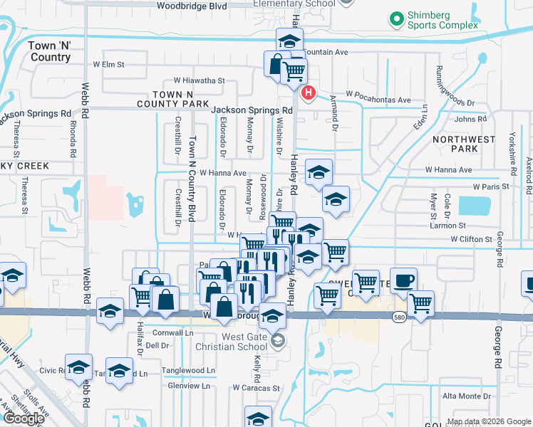 map of restaurants, bars, coffee shops, grocery stores, and more near 6005 Rosewood Drive in Tampa