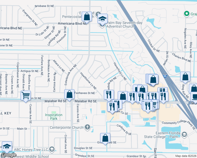 map of restaurants, bars, coffee shops, grocery stores, and more near 209 Avens Road Northeast in Palm Bay