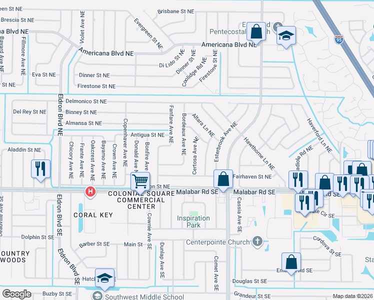 map of restaurants, bars, coffee shops, grocery stores, and more near 233 Bordeaux Avenue Northeast in Palm Bay