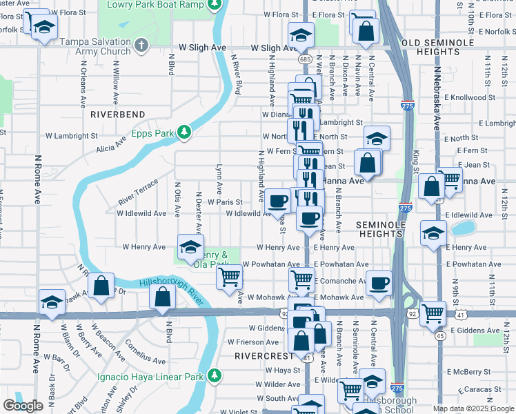 map of restaurants, bars, coffee shops, grocery stores, and more near 6002 North Highland Avenue in Tampa