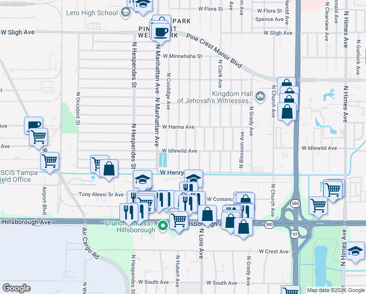 map of restaurants, bars, coffee shops, grocery stores, and more near 6004 North Thatcher Avenue in Tampa