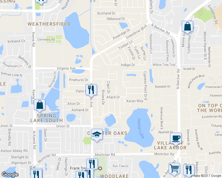 map of restaurants, bars, coffee shops, grocery stores, and more near 2221 Capri Drive in Clearwater