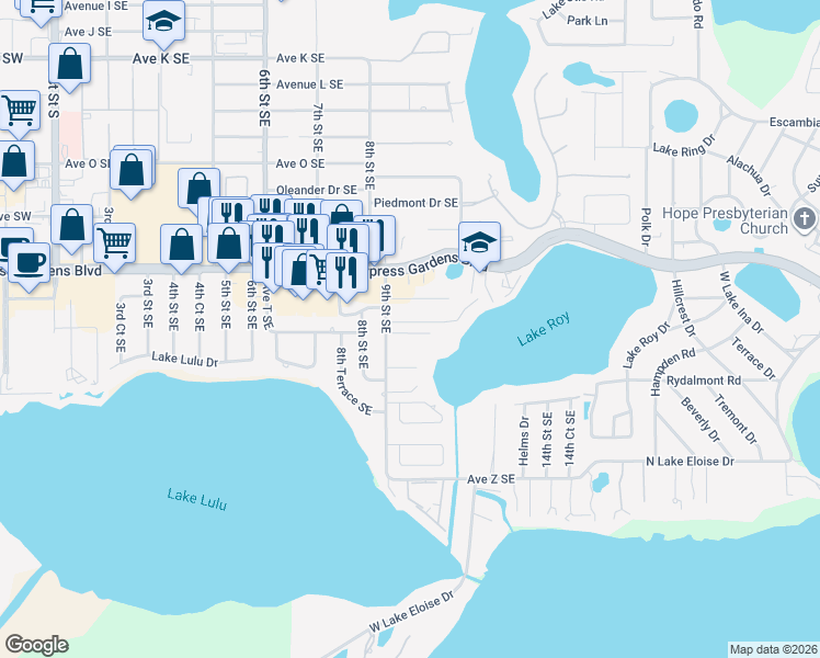 map of restaurants, bars, coffee shops, grocery stores, and more near 916 Avenue T Southeast in Winter Haven