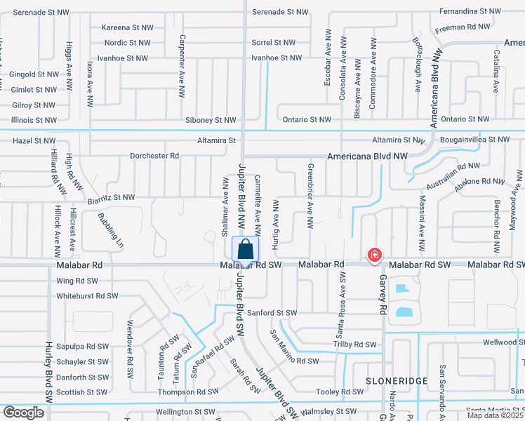 map of restaurants, bars, coffee shops, grocery stores, and more near 151 Carmelite Avenue Northwest in Palm Bay