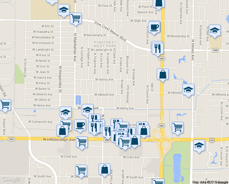 map of restaurants, bars, coffee shops, grocery stores, and more near 6004 North Clark Avenue in Tampa