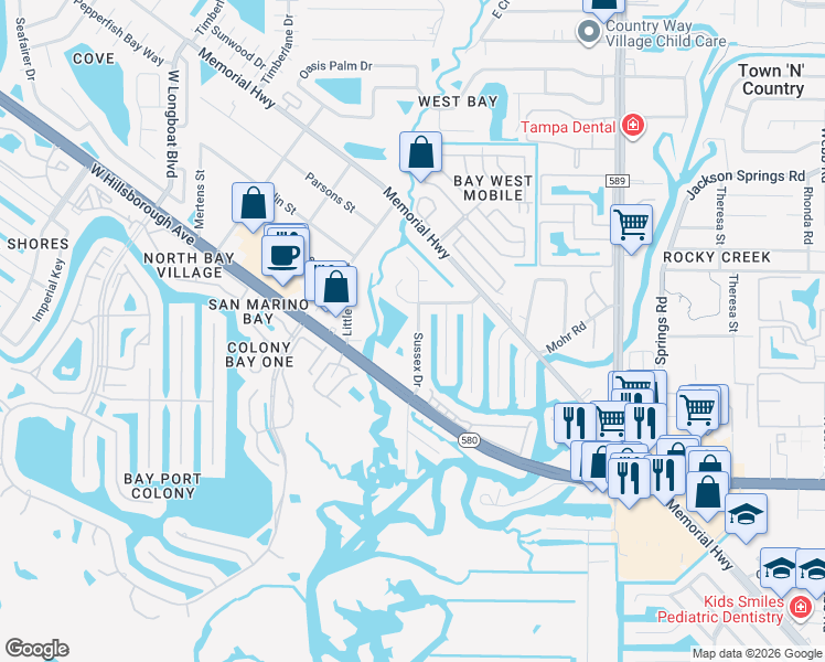 map of restaurants, bars, coffee shops, grocery stores, and more near 5834 Sussex Drive in Tampa