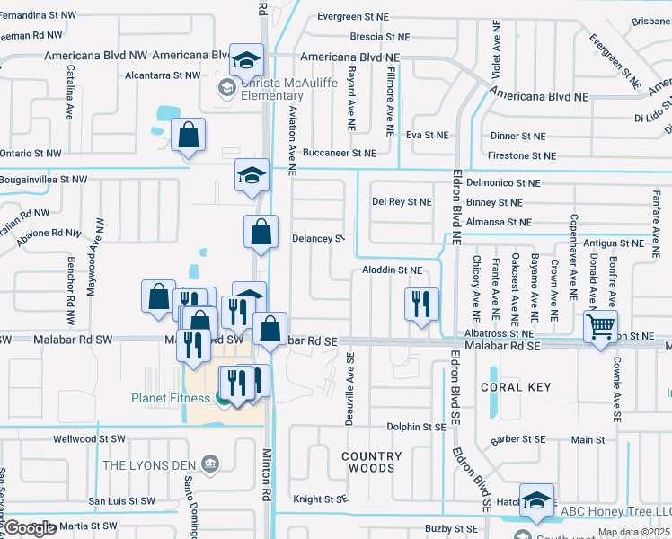 map of restaurants, bars, coffee shops, grocery stores, and more near 239 Dorado Avenue Northeast in Palm Bay