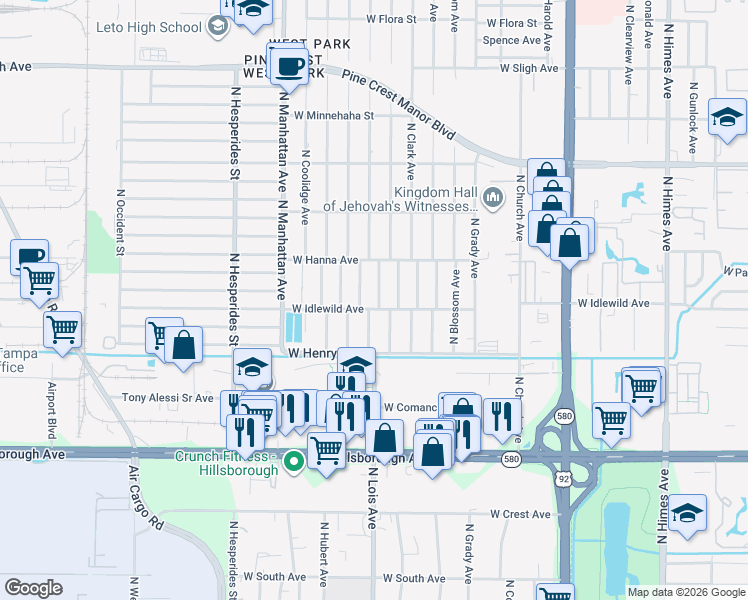 map of restaurants, bars, coffee shops, grocery stores, and more near 6004 North Lois Avenue in Tampa