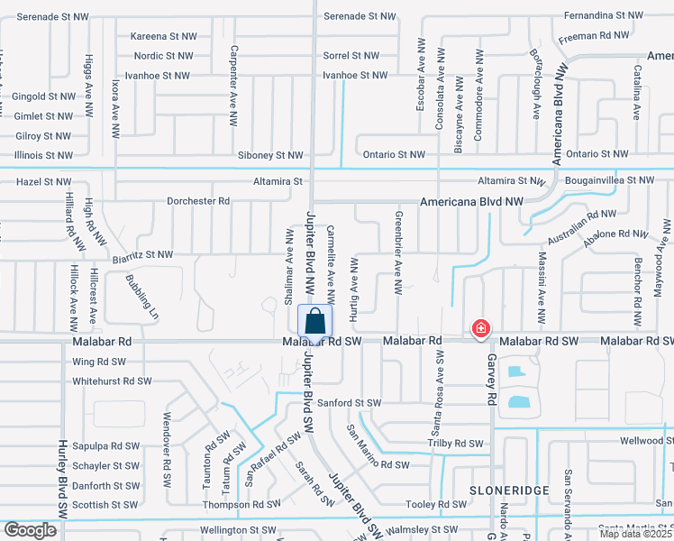 map of restaurants, bars, coffee shops, grocery stores, and more near 151 Carmelite Avenue Northwest in Palm Bay