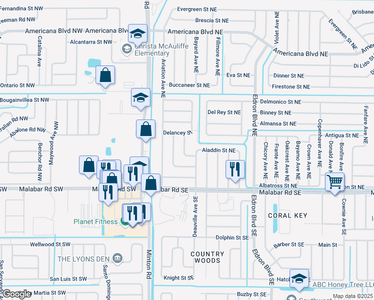 map of restaurants, bars, coffee shops, grocery stores, and more near 239 Dorado Avenue Northeast in Palm Bay