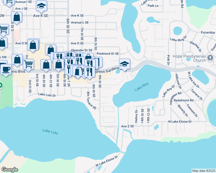 map of restaurants, bars, coffee shops, grocery stores, and more near 916 Avenue T Southeast in Winter Haven