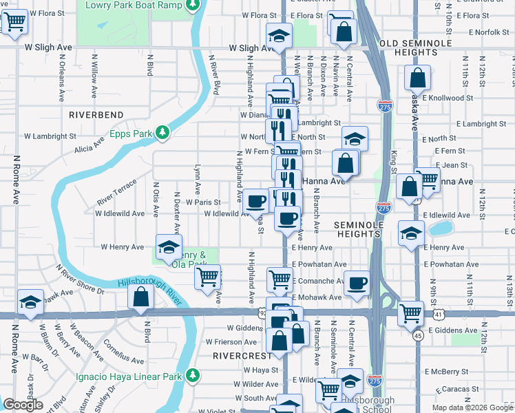 map of restaurants, bars, coffee shops, grocery stores, and more near 6004 North Tampa Street in Tampa