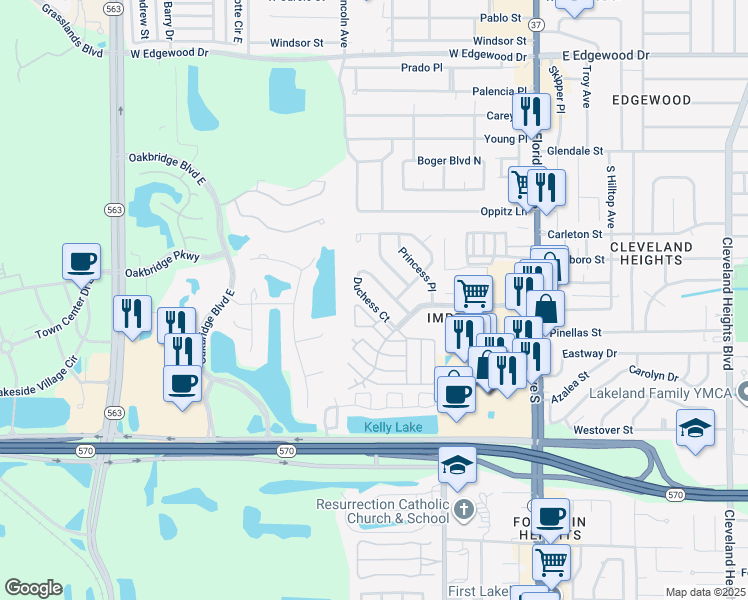 map of restaurants, bars, coffee shops, grocery stores, and more near 724 Barber Circle in Lakeland
