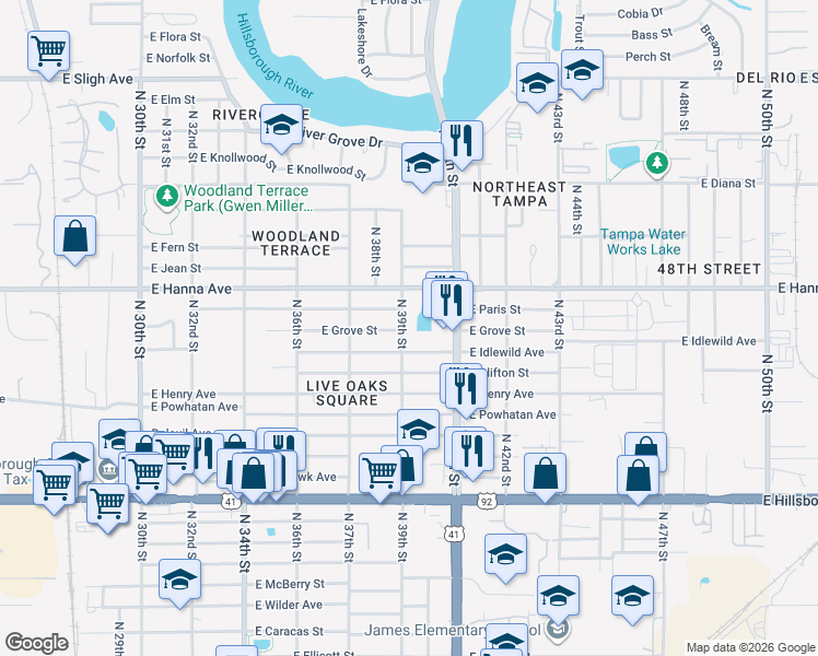 map of restaurants, bars, coffee shops, grocery stores, and more near 6011 N 39th St in Tampa