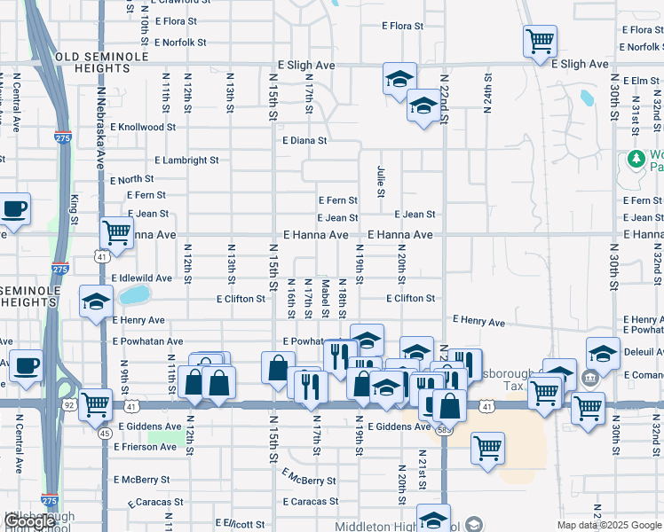 map of restaurants, bars, coffee shops, grocery stores, and more near 6004 North 18th Street in Tampa