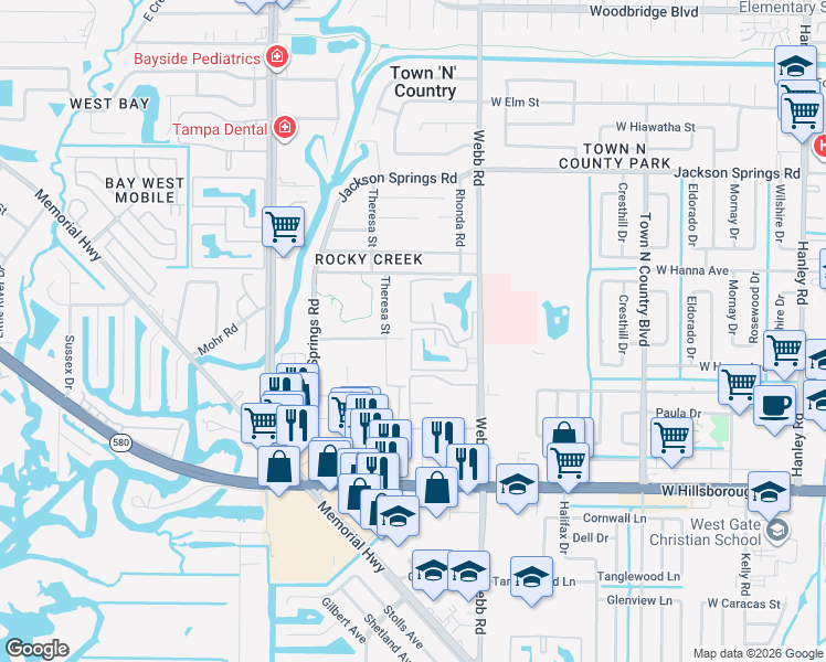 map of restaurants, bars, coffee shops, grocery stores, and more near 8374 North Webb Road in Town 'n' Country