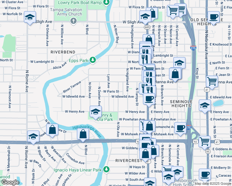 map of restaurants, bars, coffee shops, grocery stores, and more near 404 West Paris Street in Tampa