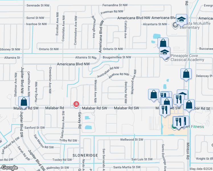 map of restaurants, bars, coffee shops, grocery stores, and more near 161 Abalone Road Northwest in Palm Bay