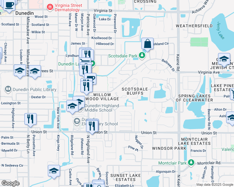 map of restaurants, bars, coffee shops, grocery stores, and more near 203 Somerset Circle South in Dunedin