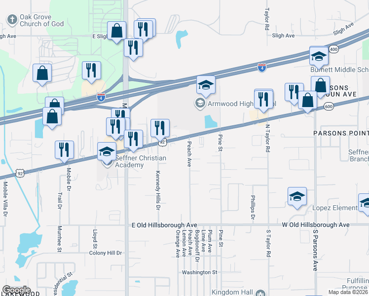 map of restaurants, bars, coffee shops, grocery stores, and more near 5426 Peach Avenue in Seffner