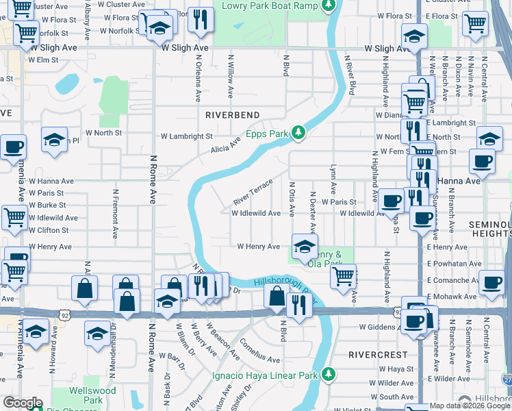 map of restaurants, bars, coffee shops, grocery stores, and more near 6007 North Ithmar Avenue in Tampa
