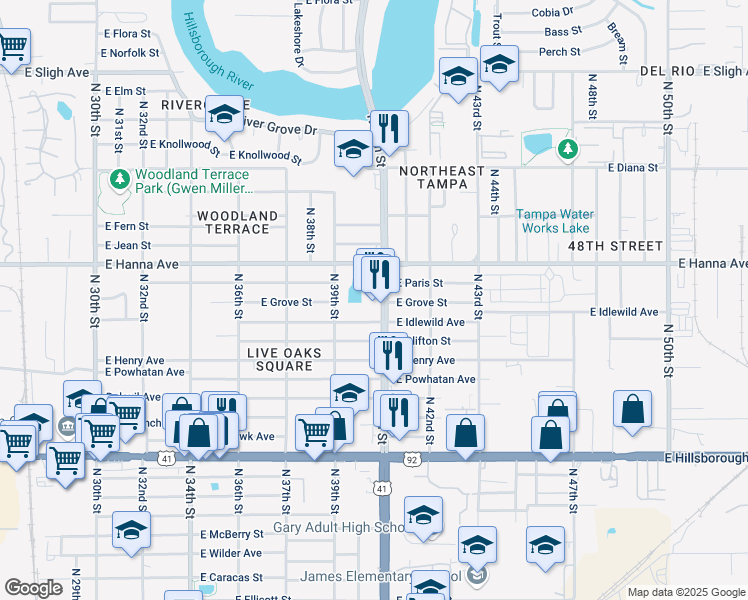 map of restaurants, bars, coffee shops, grocery stores, and more near 6016 North 40th Street in Tampa