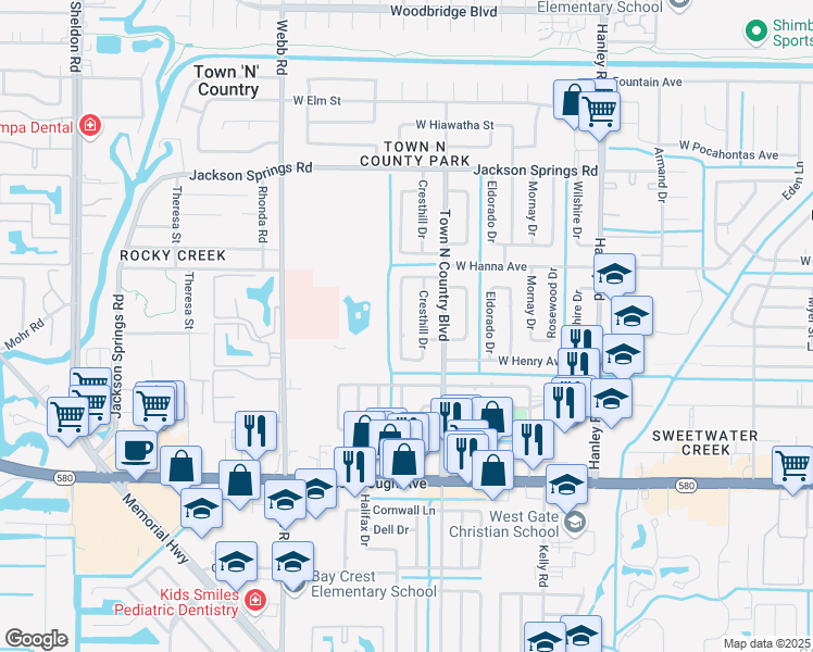 map of restaurants, bars, coffee shops, grocery stores, and more near 6025 Santa Monica Drive in Tampa