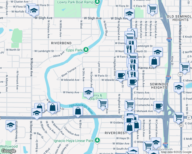 map of restaurants, bars, coffee shops, grocery stores, and more near 508 West Paris Street in Tampa