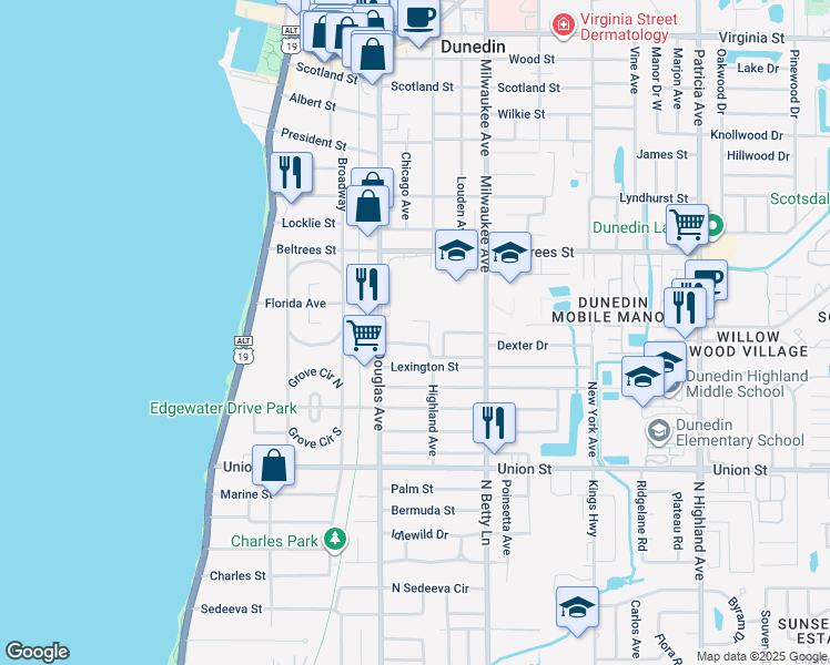 map of restaurants, bars, coffee shops, grocery stores, and more near 223 Douglas Avenue in Dunedin