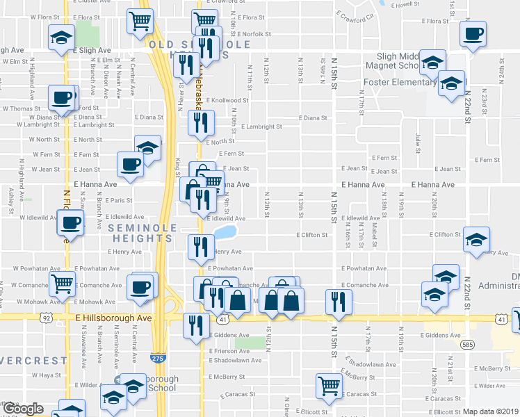 map of restaurants, bars, coffee shops, grocery stores, and more near 6003 North Flora vista Avenue in Tampa