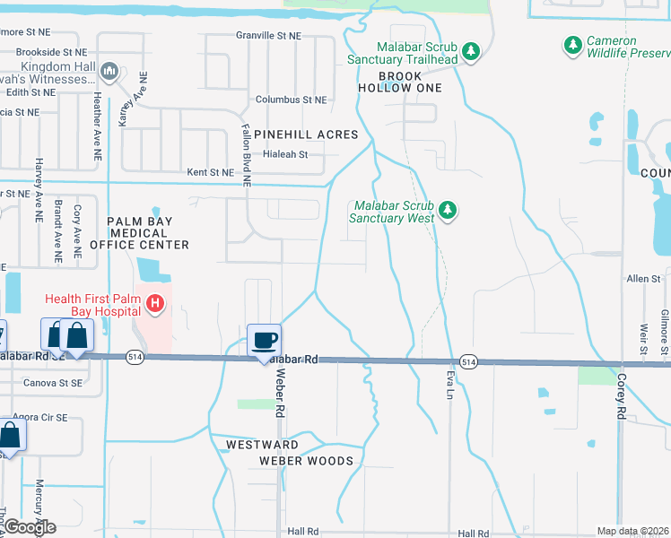 map of restaurants, bars, coffee shops, grocery stores, and more near 2300 Oaklyn Street Northeast in Palm Bay