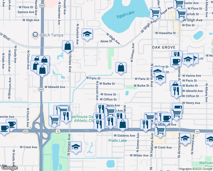 map of restaurants, bars, coffee shops, grocery stores, and more near 3124 West Burke Street in Tampa