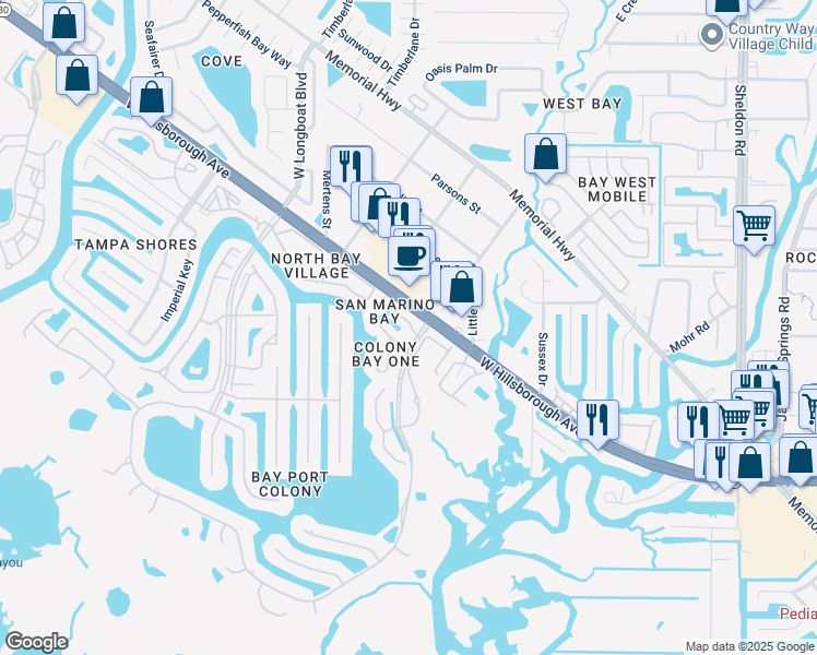 map of restaurants, bars, coffee shops, grocery stores, and more near 10403 La Mirage Court in Tampa