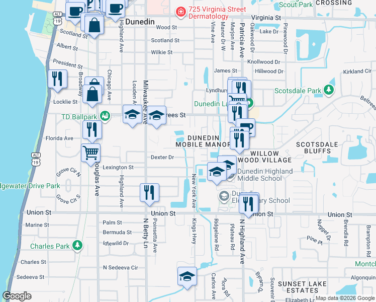 map of restaurants, bars, coffee shops, grocery stores, and more near 663 Whisper Cove Court in Dunedin