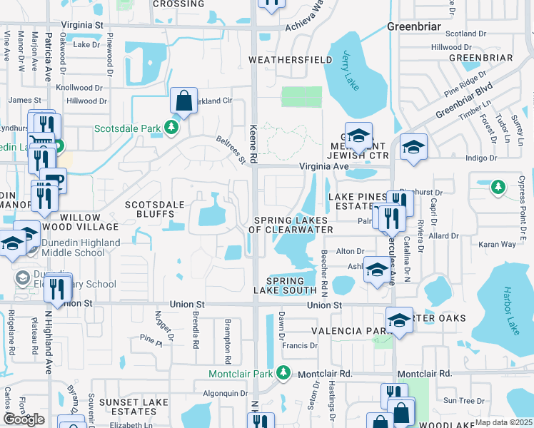 map of restaurants, bars, coffee shops, grocery stores, and more near 2220 Springrain Drive in Clearwater