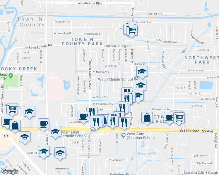 map of restaurants, bars, coffee shops, grocery stores, and more near 6013 Ambassador Drive in Tampa