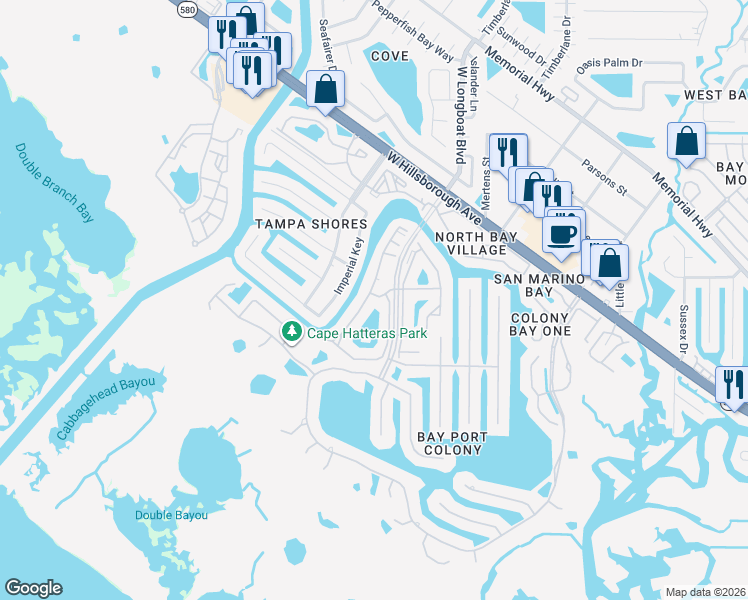 map of restaurants, bars, coffee shops, grocery stores, and more near 5237 Baywater Drive in Tampa