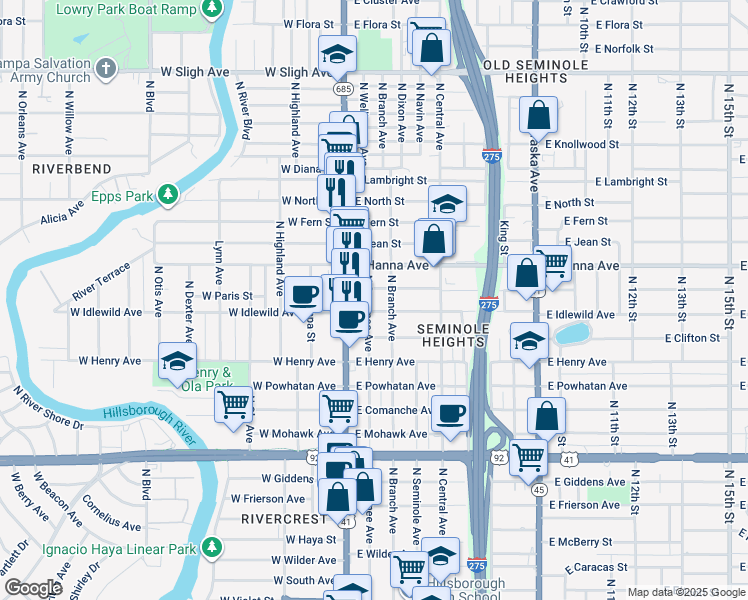 map of restaurants, bars, coffee shops, grocery stores, and more near 6005 North Suwanee Avenue in Tampa