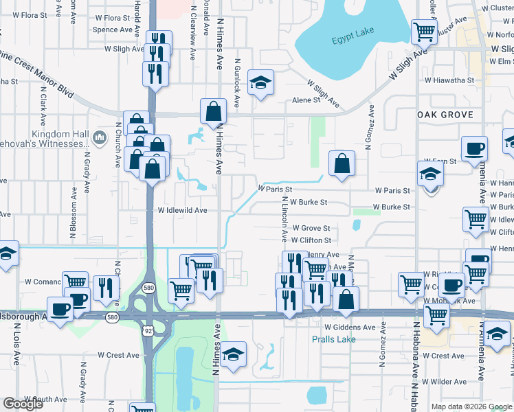 map of restaurants, bars, coffee shops, grocery stores, and more near 3318 W Burke St in Tampa