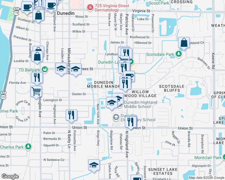 map of restaurants, bars, coffee shops, grocery stores, and more near 861 Skyloch Drive North in Dunedin