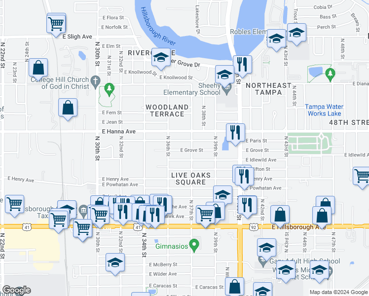 map of restaurants, bars, coffee shops, grocery stores, and more near 3616 East Grove Street in Tampa