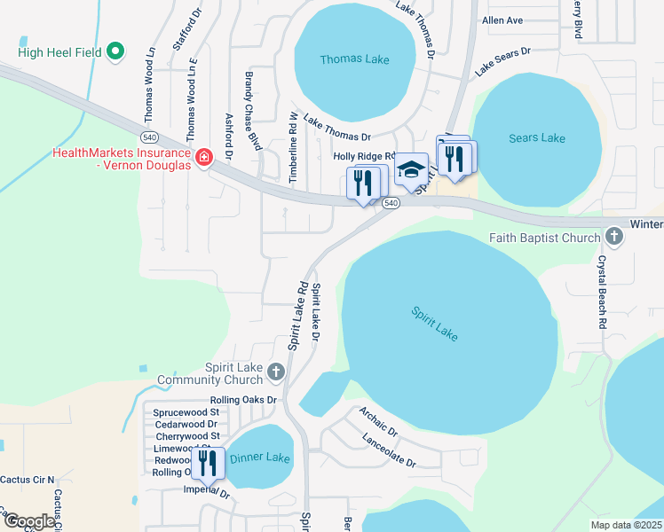 map of restaurants, bars, coffee shops, grocery stores, and more near 2036 Spirit Lake Road in Winter Haven