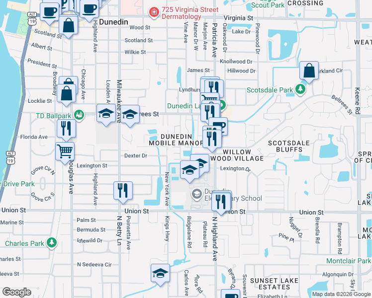 map of restaurants, bars, coffee shops, grocery stores, and more near 845 Sky Loch Drive South in Dunedin