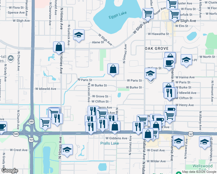 map of restaurants, bars, coffee shops, grocery stores, and more near 3110 West Burke Street in Tampa