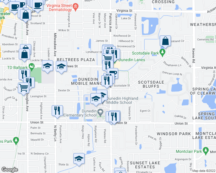 map of restaurants, bars, coffee shops, grocery stores, and more near 154 Patricia Avenue in Dunedin