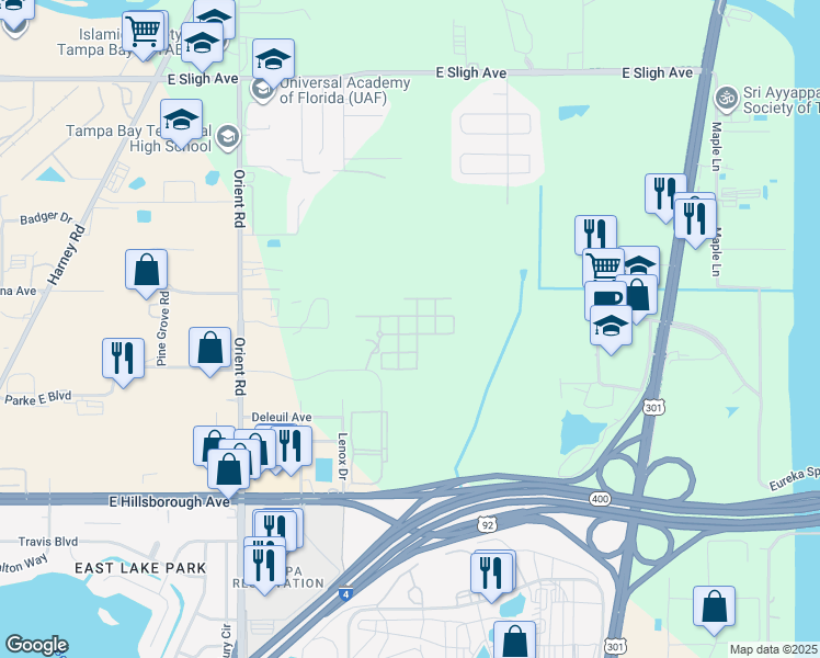 map of restaurants, bars, coffee shops, grocery stores, and more near 8010 Down Royal Road in Tampa